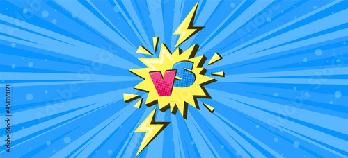Superhero halftoned background with lightning. Versus comic design with yellow flash. Vector illustration backdrop