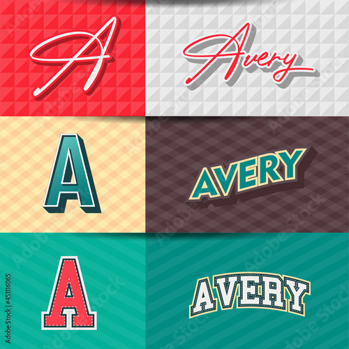 ,Male name,Avery in various Retro graphic design elements, set of vector Retro Typography graphic design illustration photo