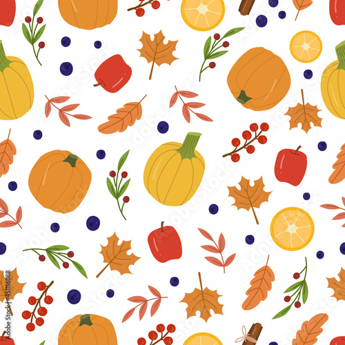 Fototapeta Naklejka Na Ścianę i Meble -  Autumn cozy seamless pattern with pumpkins,apples,lemons,berries and leaves. 