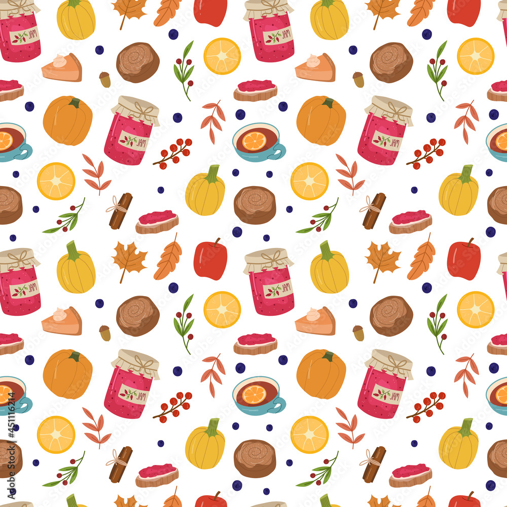 Autumn cozy seamless pattern with jam,tea,bun,leaves,berries,pumpkin pie,lemons. Autumn cozy seamless pattern with jam,tea,bun,leaves,berries,pumpkin pie,lemons.