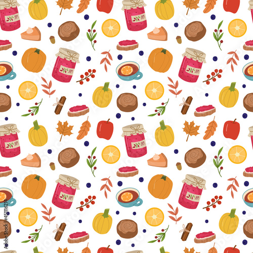 Autumn cozy seamless pattern with jam,tea,bun,leaves,berries,pumpkin pie,lemons. 