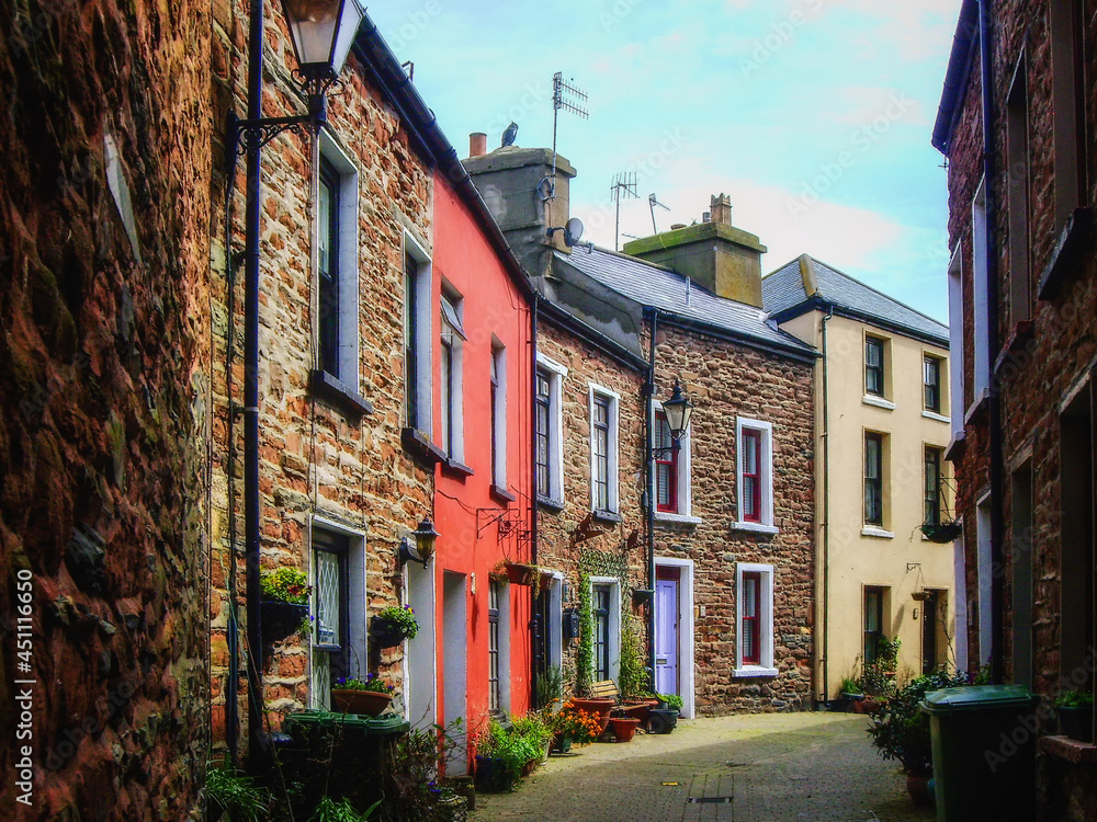 Houses in a street in the town of Peel on The Isle of Man.