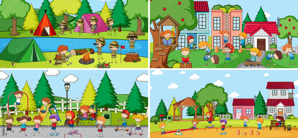 Obraz premium Outdoor scene set with many kids doodle cartoon character