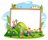 Blank banner in the garden with rabbit family isolated