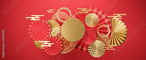 Chinese new year and Product display for display concept.Red podium display mockup on red abstract background with hand paper fan.3d rendering geometric shape.minimal abstract background,copy space.