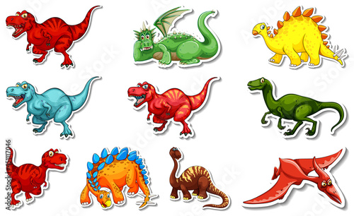Sticker set with different types of dinosaurs cartoon characters