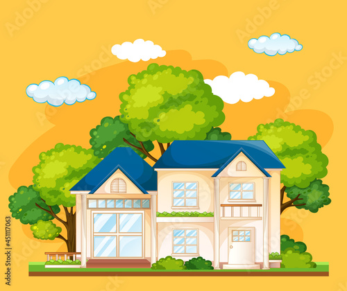 Front of a house with many tree on yellow background