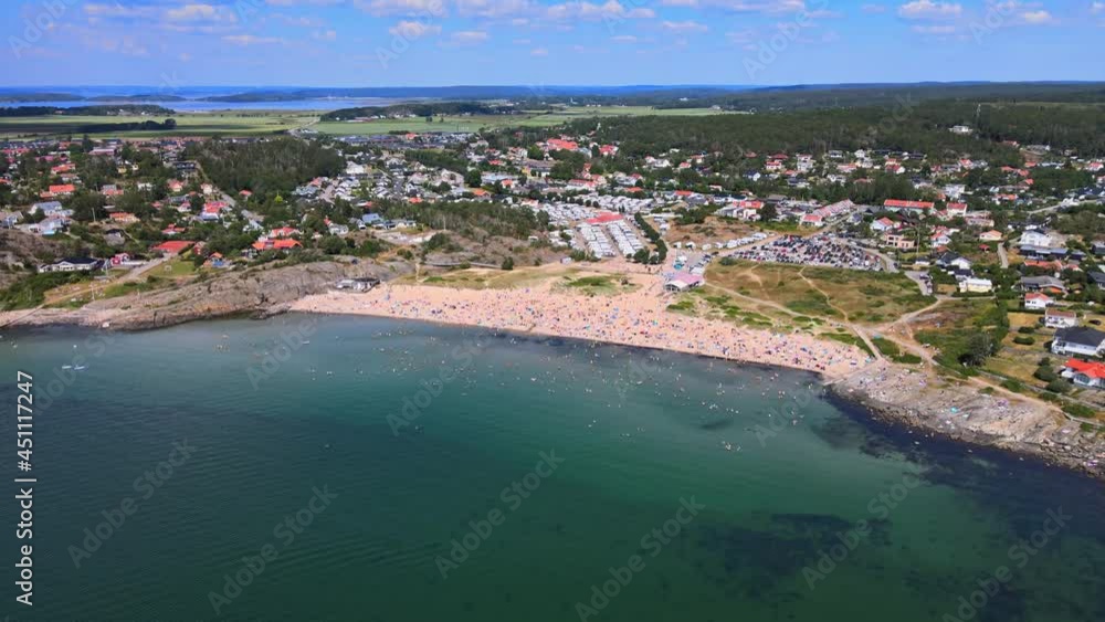 Summer Scene At Crowded Beach In Asa, Halland County, Sweden. aerial Summer Scene At Crowded Beach In Asa, Halland County, Sweden. aerial
