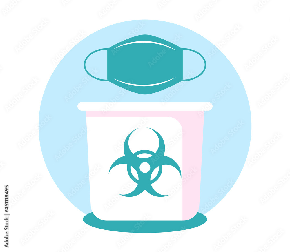 How to properly dispose of a medical mask. Medical waste disposal concept. Disposable mask and biohazard waste container. Flat vector illustration How to properly dispose of a medical mask. Medical waste disposal concept. Disposable mask and biohazard waste container. Flat vector illustration