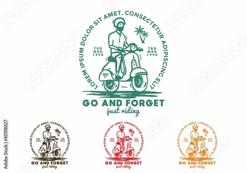Four color variation of man with scooter line art illustration