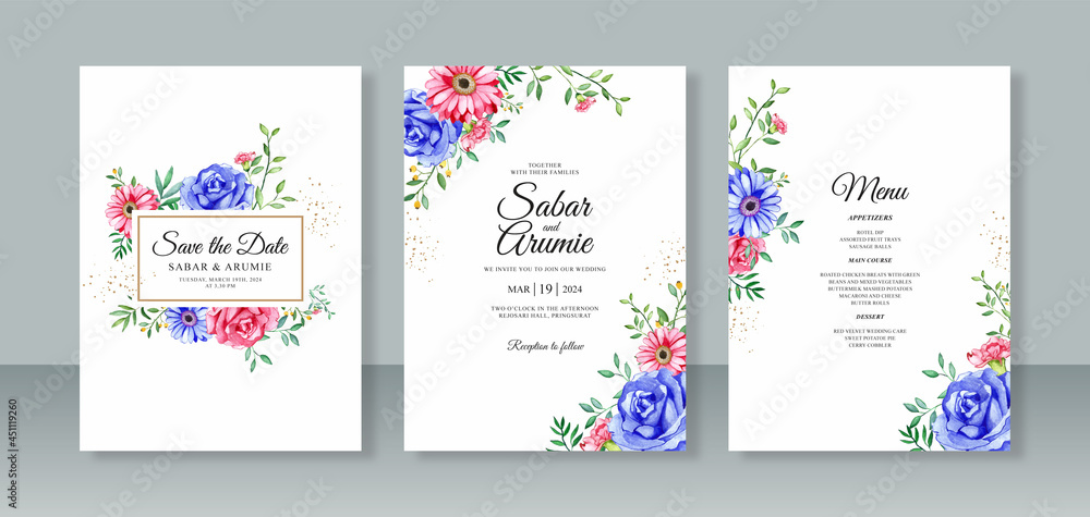 Floral watercolor painting for wedding card invitation set template