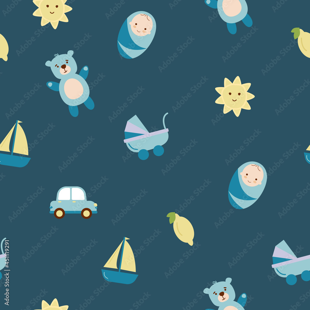 Baby pattern with child's toys, objects. Seamless pattern with baby things. Design for fabrics, textiles, wallpaper, packaging, children's room decoration. Baby pattern with child's toys, objects. Seamless pattern with baby things. Design for fabrics, textiles, wallpaper, packaging, children's room decoration.