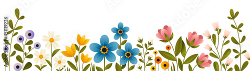 Banner with multicolored blooming flowers and plant branches. Summer flowers flat vector illustration on white background.