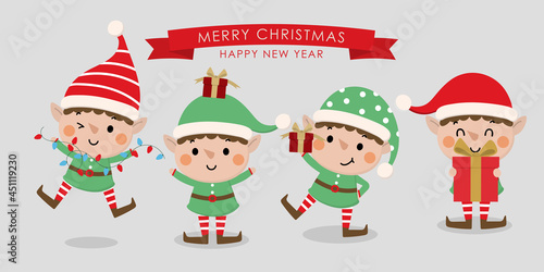 Cute little elf character set. Christmas holidays cartoon collection. 