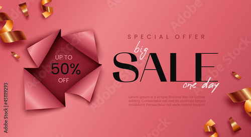 Pink sale banner with cut paper effect and serpentine. Advertising background horizontal template. 