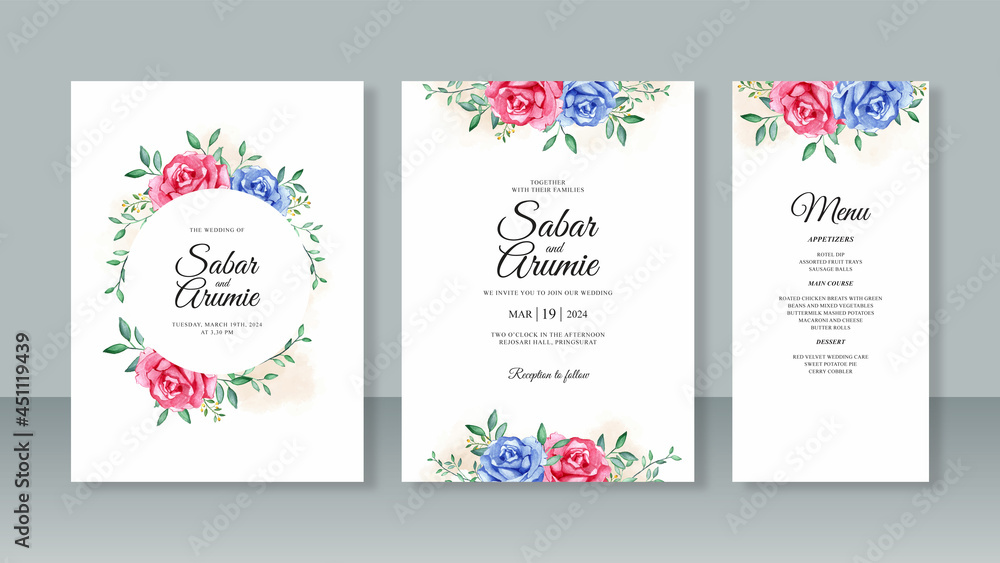 Set template wedding card invitation with roses watercolor painting