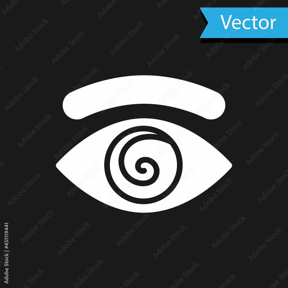 White Hypnosis icon isolated on black background. Human eye with spiral hypnotic iris. Vector White Hypnosis icon isolated on black background. Human eye with spiral hypnotic iris. Vector