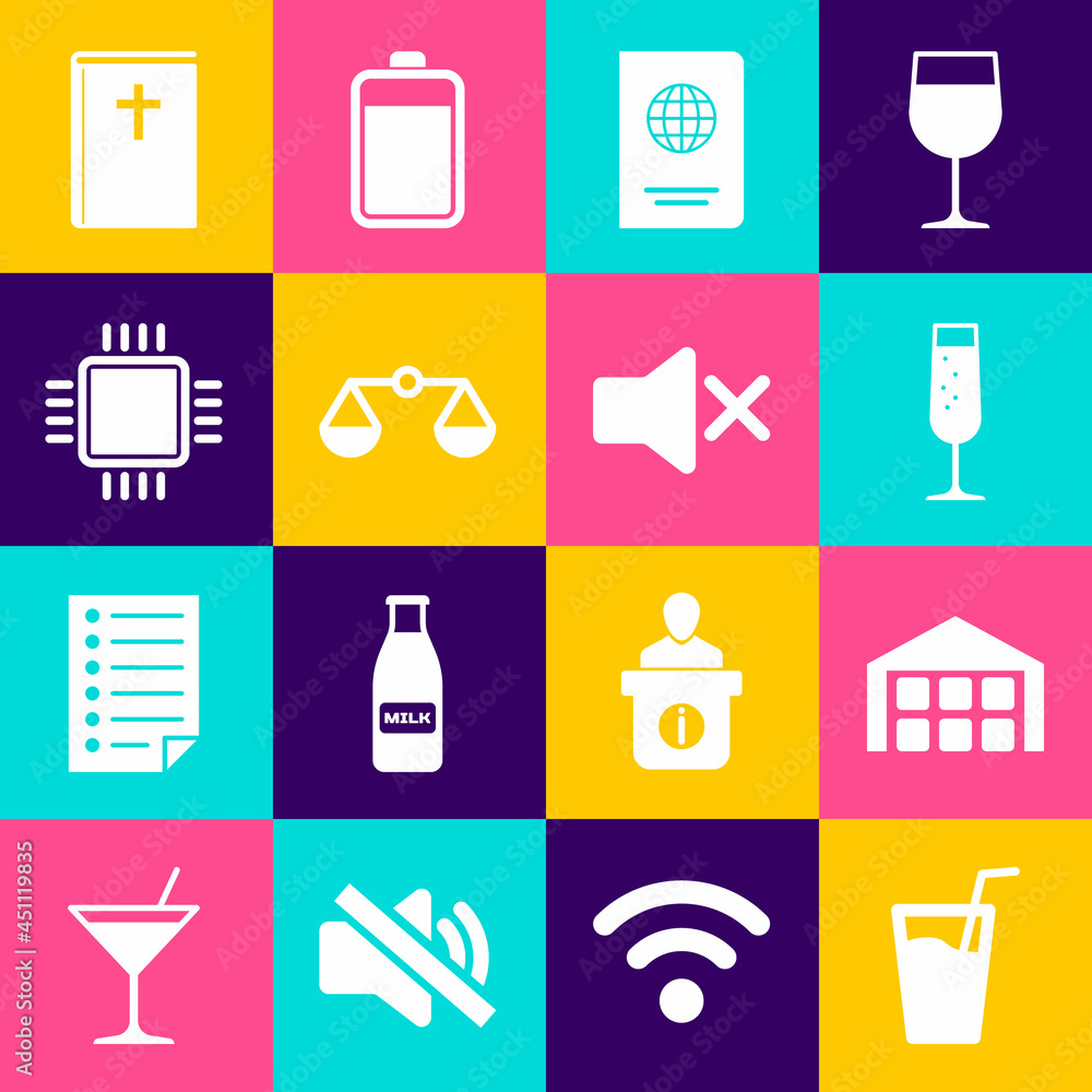 Set Glass with water, Warehouse, of champagne, Passport, Scales justice and Processor CPU icon. Vector Set Glass with water, Warehouse, of champagne, Passport, Scales justice and Processor CPU icon. Vector