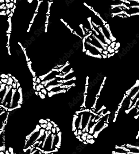 Skeleton of a human hand showing rock sign, peace and like sign gesture seamless pattern.