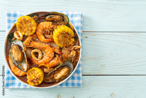 spicy barbecue seafood - shrimps, sqiud, mussel photo