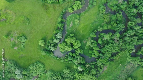 River delta river meander inland dron aerial video shot in floodplain forest and lowlands wetland swamp, quadcopter view flying fly flight show, protected landscape area of Litovelske Pomoravi photo