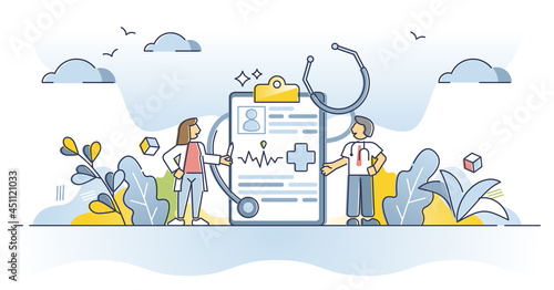 Medical history and health record paper for hospital doctor outline concept. Document with patient disease and treatment progress, diagnosis and illness vector illustration. Cardiology report data.