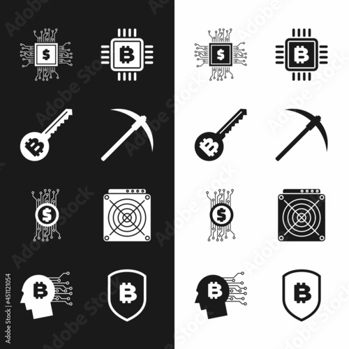 Set Pickaxe, Cryptocurrency key, Processor chip with dollar, CPU mining farm, bitcoin circuit and ASIC Miner icon. Vector