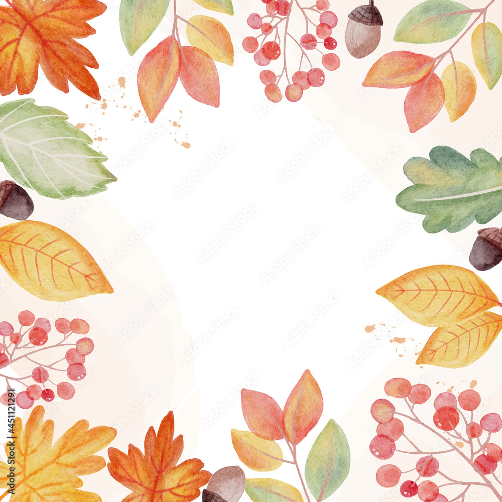 watercolor autumn fall leaves wreath frame square banner background