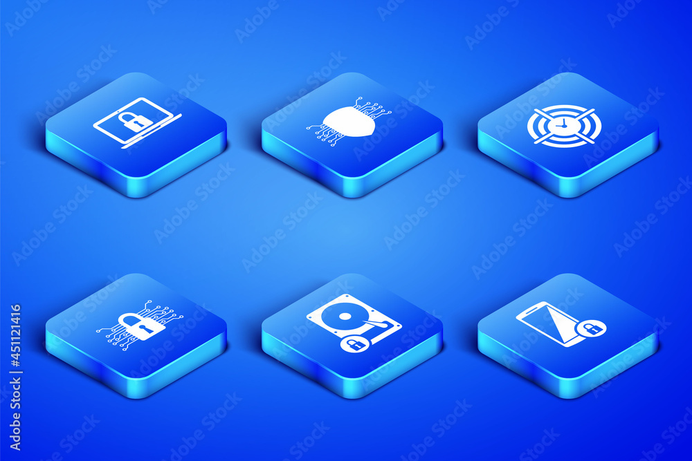 Set Smartphone with lock, Laptop and, Hard disk drive, Cyber security, and Time Management icon. Vector Set Smartphone with lock, Laptop and, Hard disk drive, Cyber security, and Time Management icon. Vector