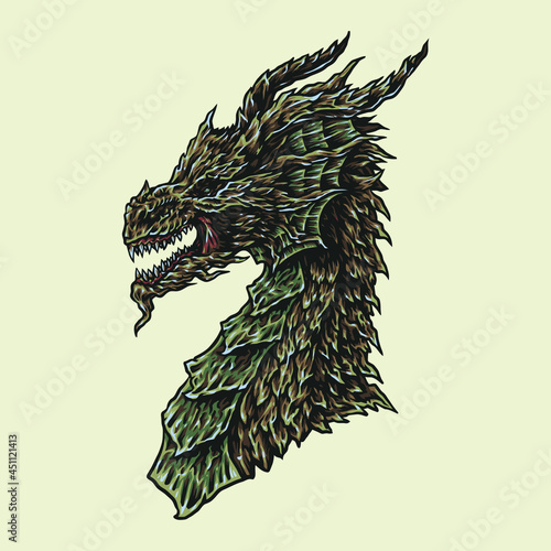 Dragon, hand drawn line style with digital color, vector illustration