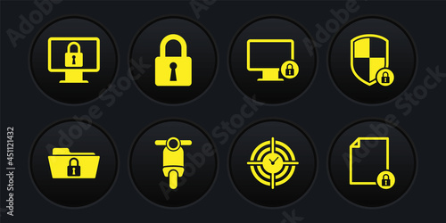 Set Folder and lock, Shield security with, Scooter, Time Management, Lock on monitor and icon. Vector