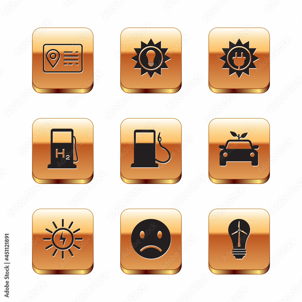 Set Address book, Solar energy panel, Sad smile, Petrol or Gas station, Hydrogen filling, Light bulb with wind turbine and icon. Vector Set Address book, Solar energy panel, Sad smile, Petrol or Gas station, Hydrogen filling, Light bulb with wind turbine and icon. Vector