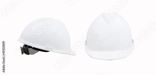 Front and side photo of plastic helmet safety white for engineer used industry and construction building. Concept safety. Isolated on white background. 