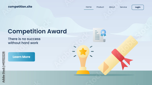 trophy and certificate as competition award with tagline there is no success without hard work with for website template landing homepage
