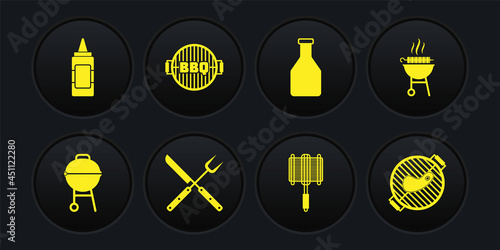 Set Barbecue grill, grilled shish kebab, Crossed fork and knife, steel grid, Ketchup bottle, with steak and Mustard icon. Vector