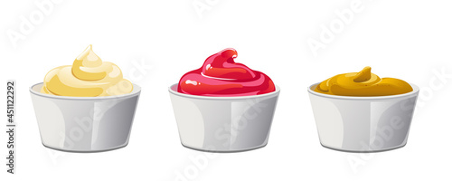 Ketchup, mayonnaise, mustard sauces set. Sauces in ceramic bowls. Realistic vector illustration isolated on white background.