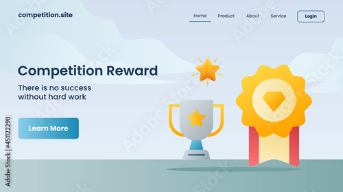 trophy and golden medal for competition reward with tagline there is no success without hard work for website template landing homepage