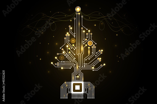 Christmas tree from digital electronic circuit. Abstract lighting motherboard microchip. Vector illustration