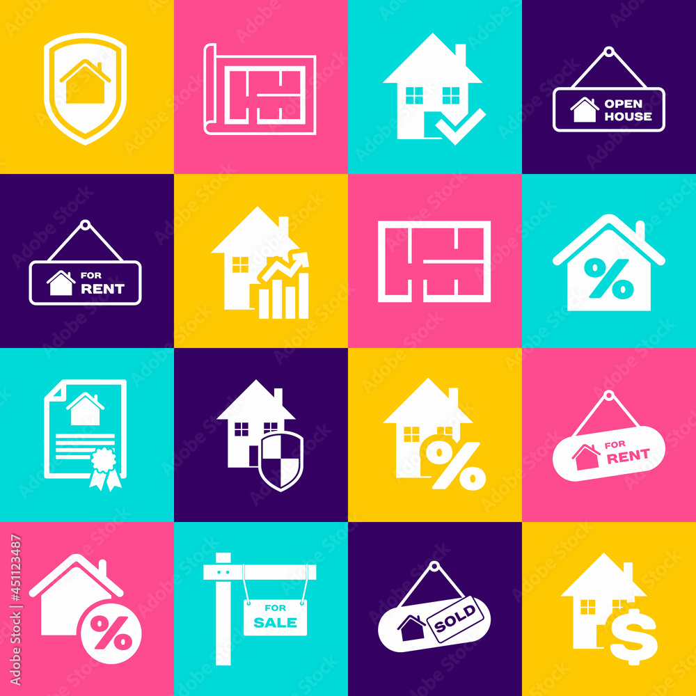 Set House with dollar, Hanging sign For Rent, percant, check mark, Rising cost of housing, under protection and plan icon. Vector Set House with dollar, Hanging sign For Rent, percant, check mark, Rising cost of housing, under protection and plan icon. Vector