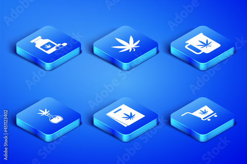 Set Shopping cart with marijuana, Medical bottle, bag of, Test tube, Marijuana or cannabis leaf and Cup tea icon. Vector