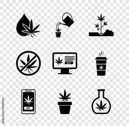 Set Marijuana or cannabis leaf oil, Watering marijuana, Planting, Online buying, plant pot, Test tube with, Stop and icon. Vector