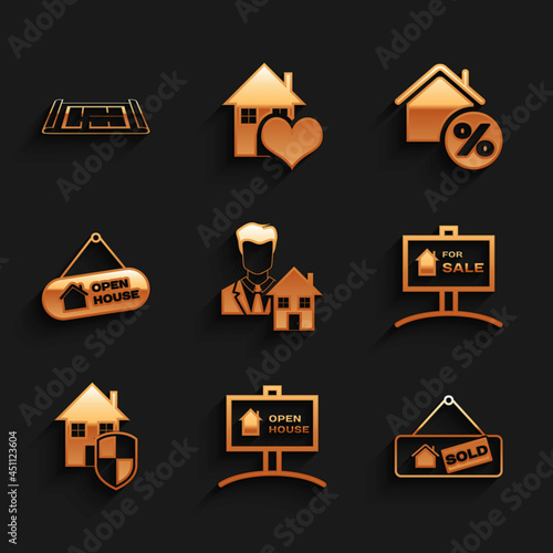 Set Realtor, Hanging sign with Open house, Sold, For Sale, House under protection, percant and plan icon. Vector