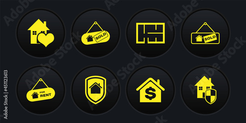 Set Hanging sign with For Rent, Sold, House under protection, dollar, plan, and heart shape icon. Vector