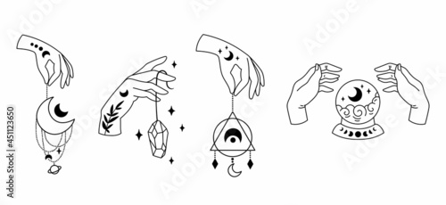 With hands and Mystical boho moon isolated cliparts bundle, celestial floral collection, moon and flowers set, magic line crescent witchy moon, esoteric objects - black and white vector illustration