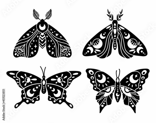 Mystical boho celestial butterfly and moth isolated cliparts bundle, mystical silhouette collection, moon and stars ornament, magic crescent moon, esoteric objects - black and white vector set