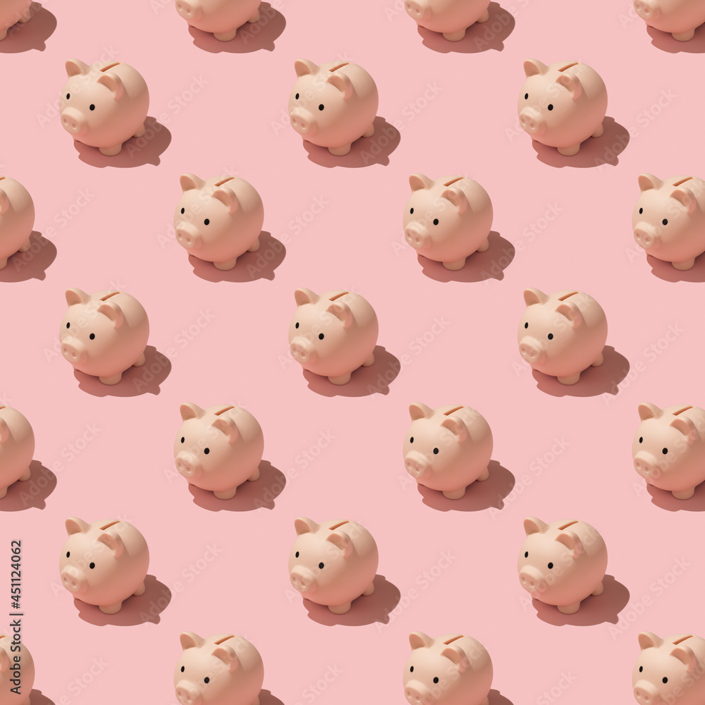 Top view photo of piggy banks pattern on isolated pastel color pink background
