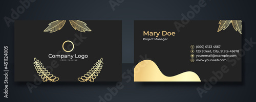 Business card - gold floral frame and leaves nature gold aesthetic lines on dark black background