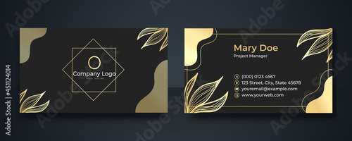 Business card - gold floral frame and leaves nature gold aesthetic lines on dark black background