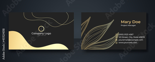 Business card - gold floral frame and leaves nature gold aesthetic lines on dark black background