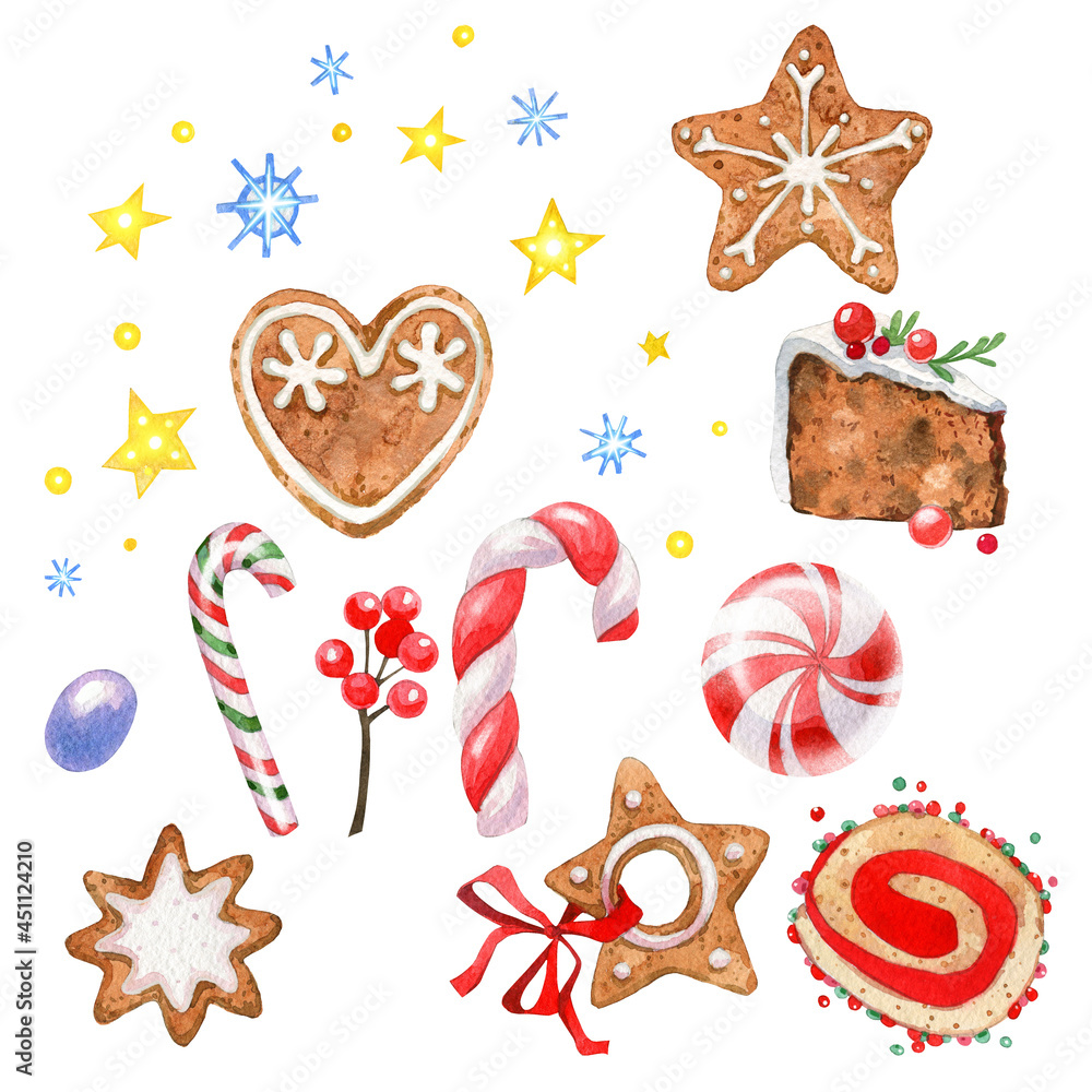 Christmas gingerbread and candies, sparkling stars and snowflakes, a ...